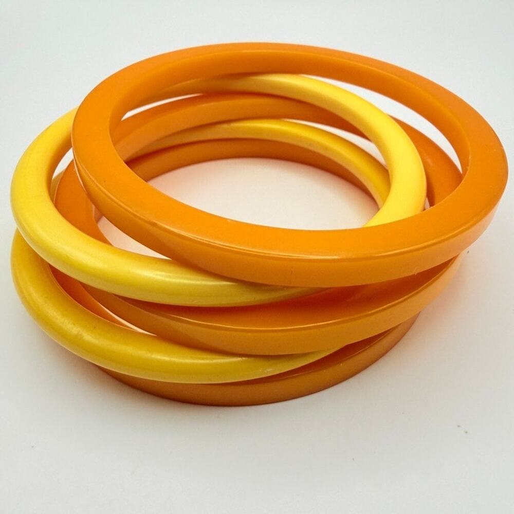 Lot of 5 Vintage Mid Century Orange Yellow Bakelite Stacking Bangle Bracelets